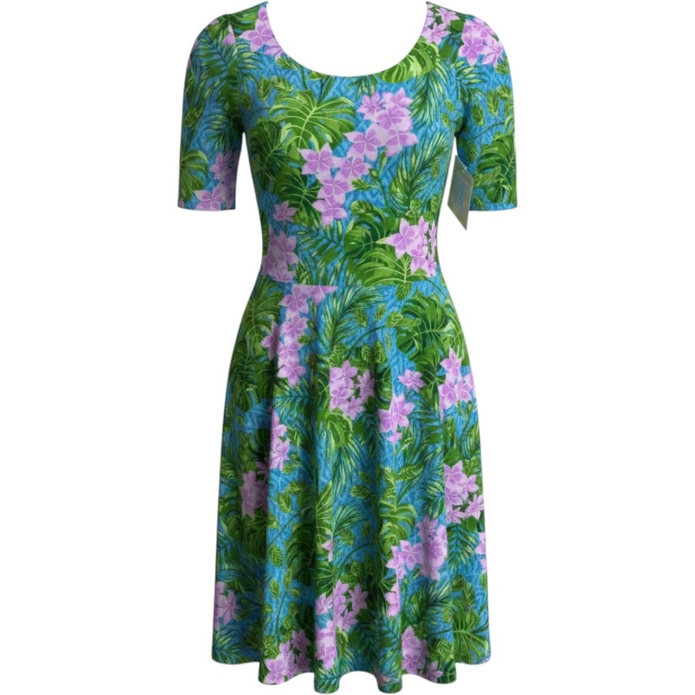 LuLaRoe Nicole Dress Womens Small Tropical Floral Monstera Blue Pink Short Slv